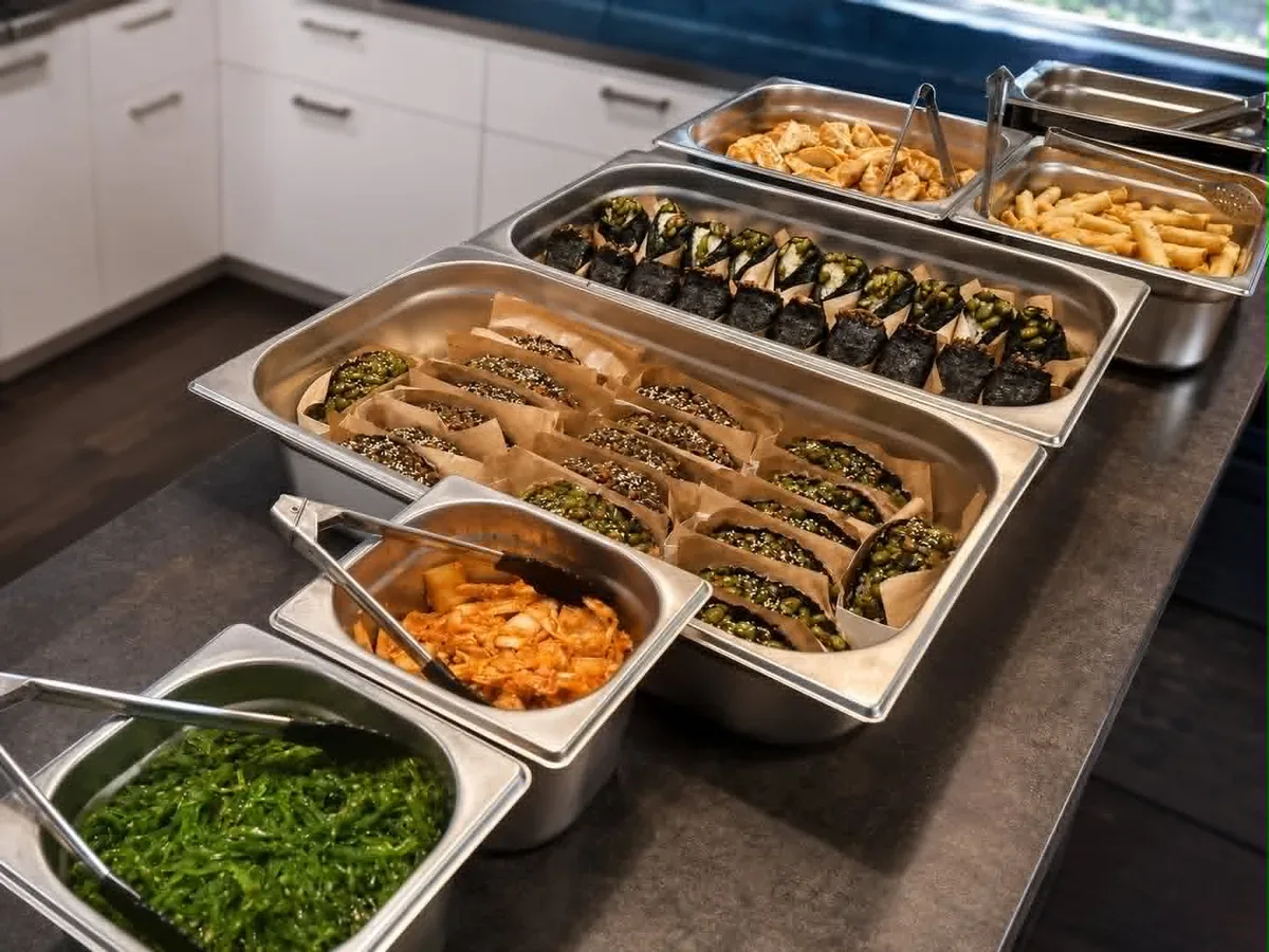 Kantiner med rice tacos, onigiri, kimchi och wakame i köket